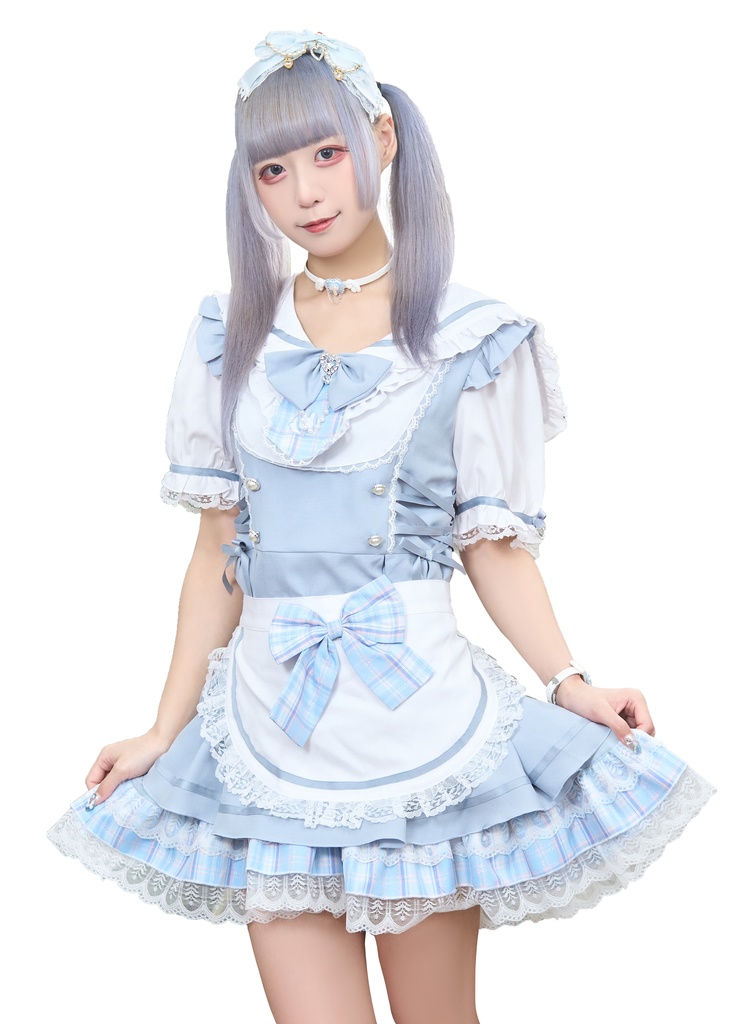 Jillpunk 量産型 ゆめかわ ロリータ 白うさぎカフェ チェック柄 リボン付き メイド服 うさ耳セーラーカラー 半袖ワンピースドレス エプロン2点セット オリジナル 姫系 可愛い おしゃれ ファッション萌え 秋葉原