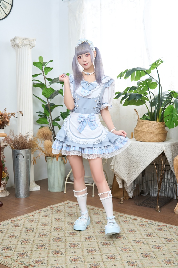 Jillpunk 量産型 ゆめかわ ロリータ 白うさぎカフェ チェック柄 リボン付き メイド服 うさ耳セーラーカラー 半袖ワンピースドレス エプロン2点セット オリジナル 姫系 可愛い おしゃれ ファッション萌え 秋葉原