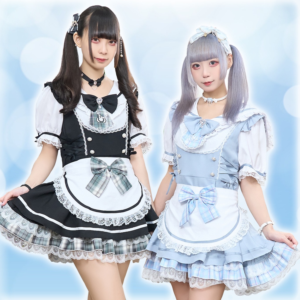 Jillpunk 量産型 ゆめかわ ロリータ 白うさぎカフェ チェック柄 リボン付き メイド服 うさ耳セーラーカラー 半袖ワンピースドレス エプロン2点セット オリジナル 姫系 可愛い おしゃれ ファッション萌え 秋葉原