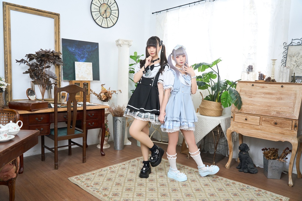 Jillpunk 量産型 ゆめかわ ロリータ 白うさぎカフェ チェック柄 リボン付き メイド服 うさ耳セーラーカラー 半袖ワンピースドレス エプロン2点セット オリジナル 姫系 可愛い おしゃれ ファッション萌え 秋葉原