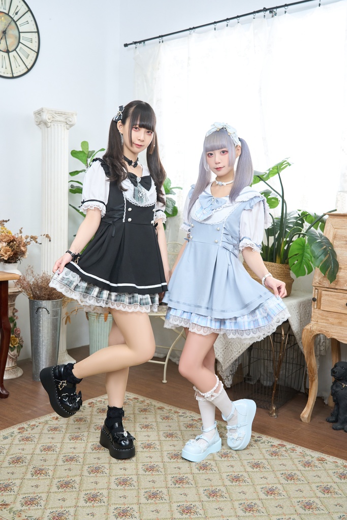Jillpunk 量産型 ゆめかわ ロリータ 白うさぎカフェ チェック柄 リボン付き メイド服 うさ耳セーラーカラー 半袖ワンピースドレス エプロン2点セット オリジナル 姫系 可愛い おしゃれ ファッション萌え 秋葉原