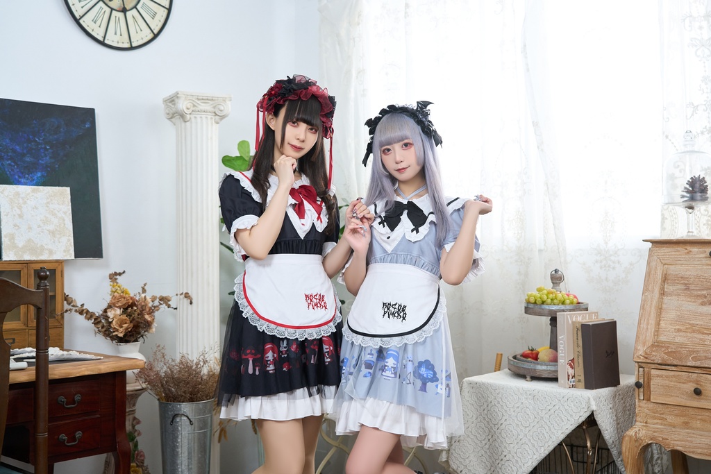 Jillpunk 量産型 ゆめかわ ゴシックロリータ 堕夢アリス フリル リボン付き メイド服 取り外し可能なセーラーカラー 半袖ワンピースドレス エプロン2点セット オリジナル 姫系 可愛い おしゃれ ファッション萌え 秋葉原