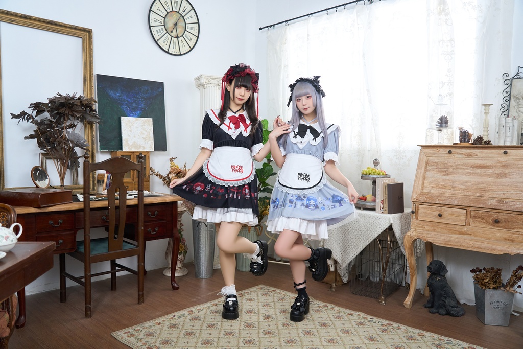 Jillpunk 量産型 ゆめかわ ゴシックロリータ 堕夢アリス フリル リボン付き メイド服 取り外し可能なセーラーカラー 半袖ワンピースドレス エプロン2点セット オリジナル 姫系 可愛い おしゃれ ファッション萌え 秋葉原