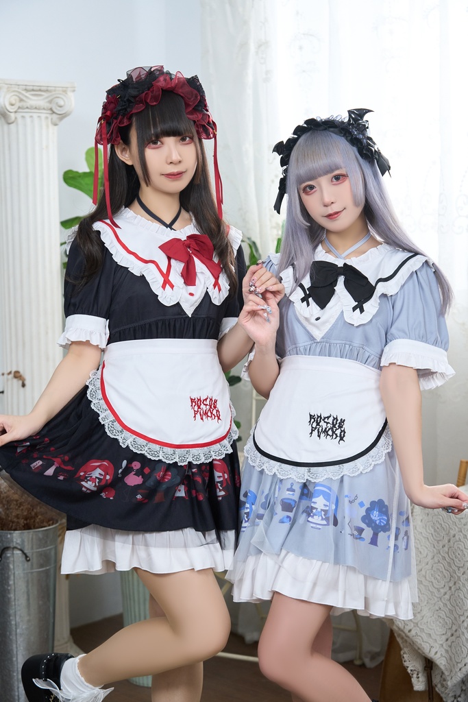 Jillpunk 量産型 ゆめかわ ゴシックロリータ 堕夢アリス フリル リボン付き メイド服 取り外し可能なセーラーカラー 半袖ワンピースドレス エプロン2点セット オリジナル 姫系 可愛い おしゃれ ファッション萌え 秋葉原