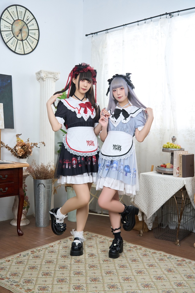 Jillpunk 量産型 ゆめかわ ゴシックロリータ 堕夢アリス フリル リボン付き メイド服 取り外し可能なセーラーカラー 半袖ワンピースドレス エプロン2点セット オリジナル 姫系 可愛い おしゃれ ファッション萌え 秋葉原