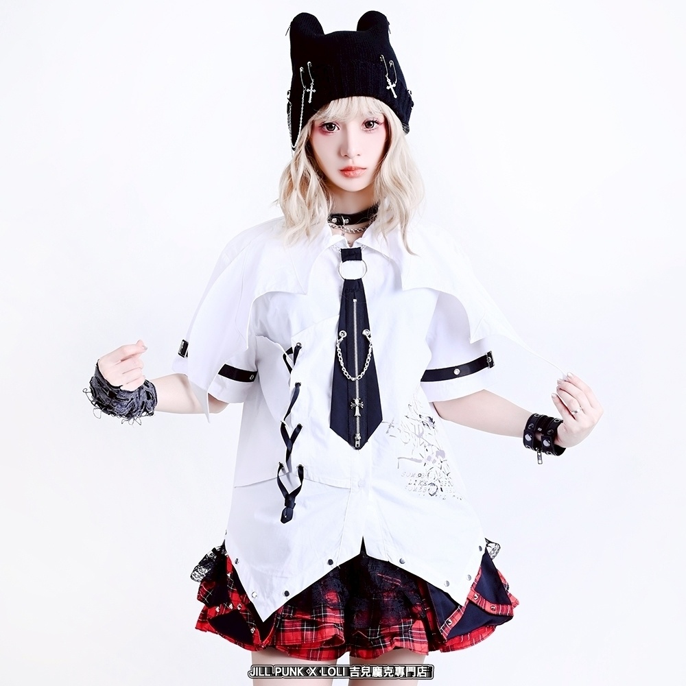 Jillpunkパンク バンギャ ハロウィン 悪魔メッセンジャー コウモリ羽根襟 レースアップ装飾 クロスチャームネクタイ付き コルセットピアス 燕尾半袖 ボタンダウンシャツ オリジナル メンズ レディー V系 おしゃれ 男女兼用ファッション