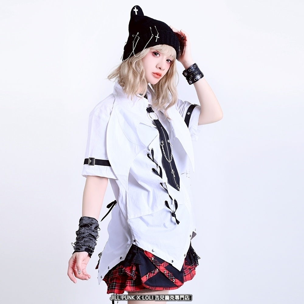 Jillpunkパンク バンギャ ハロウィン 悪魔メッセンジャー コウモリ羽根襟 レースアップ装飾 クロスチャームネクタイ付き コルセットピアス 燕尾半袖 ボタンダウンシャツ オリジナル メンズ レディー V系 おしゃれ 男女兼用ファッション