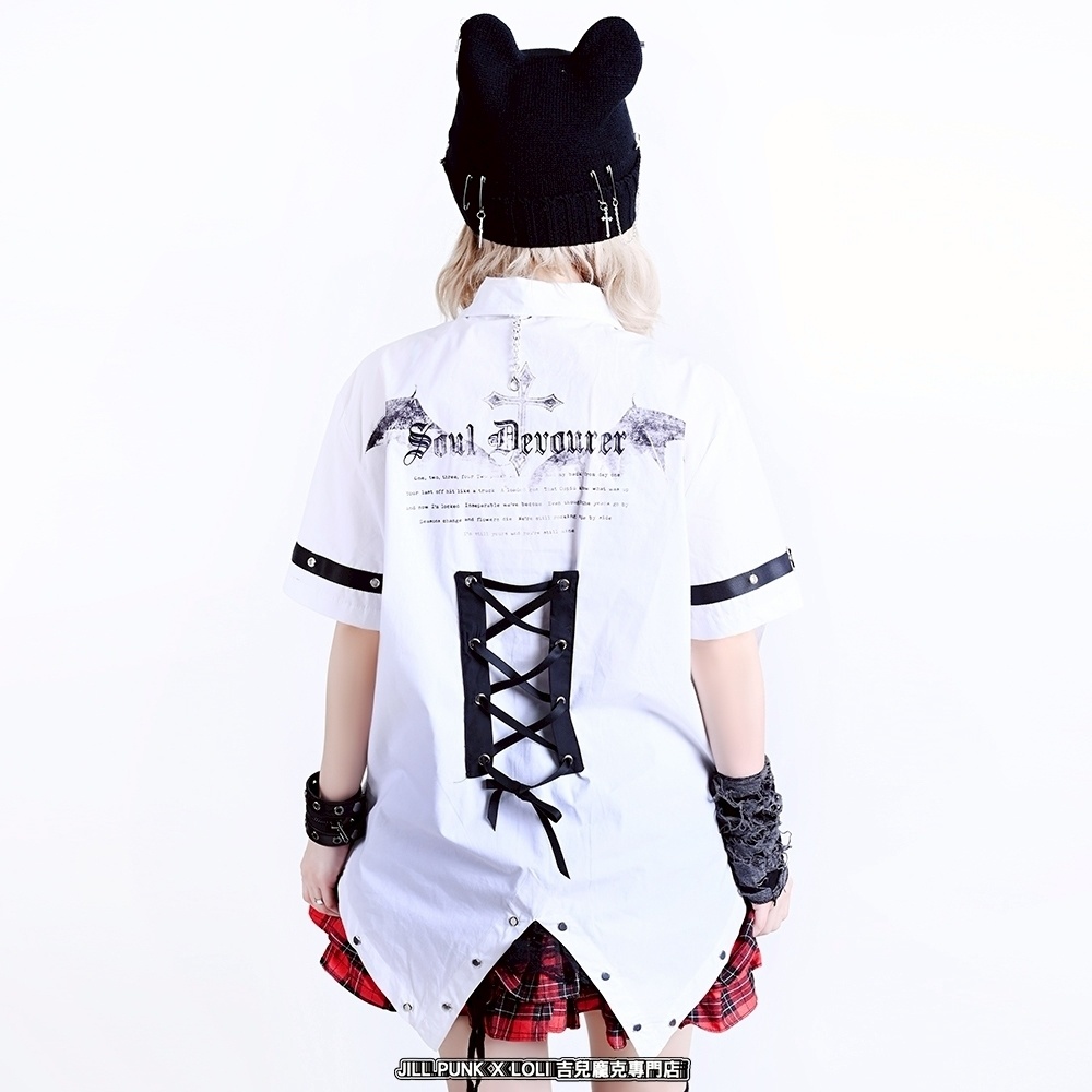 Jillpunkパンク バンギャ ハロウィン 悪魔メッセンジャー コウモリ羽根襟 レースアップ装飾 クロスチャームネクタイ付き コルセットピアス 燕尾半袖 ボタンダウンシャツ オリジナル メンズ レディー V系 おしゃれ 男女兼用ファッション