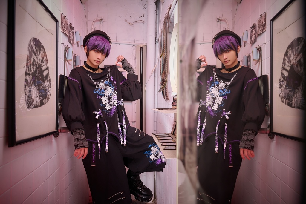 Jillpunk和洋折衷 原宿パンク 甦生彼岸花 浪人侍 ネックレス付き 着物スリーブ アシンメトリー 長袖Tシャツ カットソー オリジナルパンク 男女兼用 メンズ レディース V系 秋葉系 おしゃれ ストリート