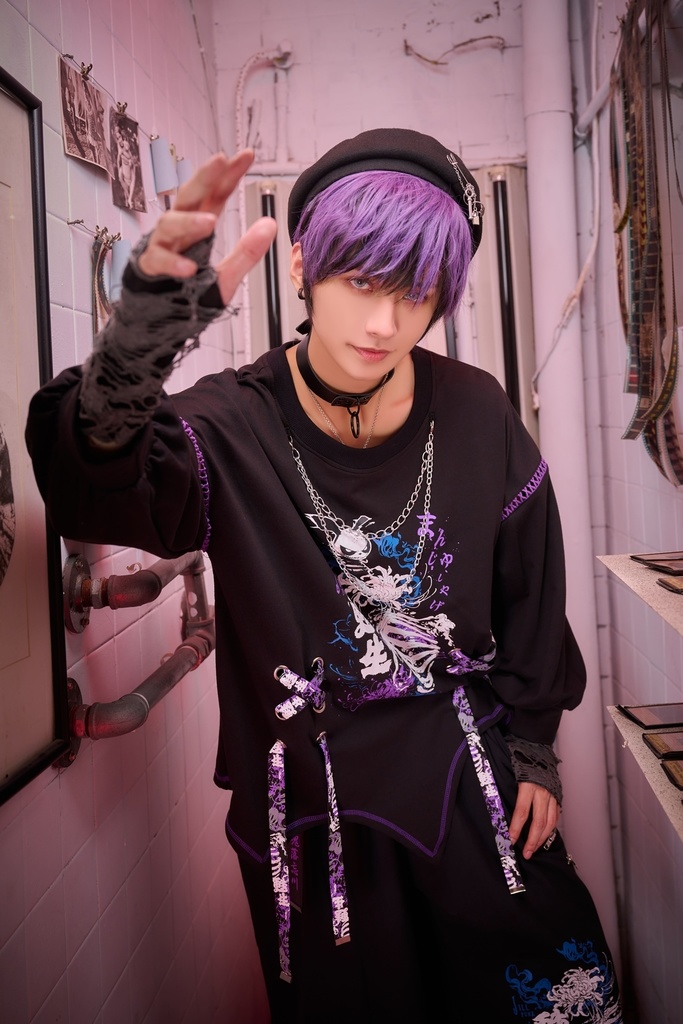 Jillpunk和洋折衷 原宿パンク 甦生彼岸花 浪人侍 ネックレス付き 着物スリーブ アシンメトリー 長袖Tシャツ カットソー オリジナルパンク 男女兼用 メンズ レディース V系 秋葉系 おしゃれ ストリート