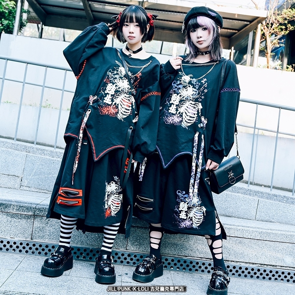 Jillpunk和洋折衷 原宿パンク 甦生彼岸花 浪人侍 ネックレス付き 着物スリーブ アシンメトリー 長袖Tシャツ カットソー オリジナルパンク 男女兼用 メンズ レディース V系 秋葉系 おしゃれ ストリート