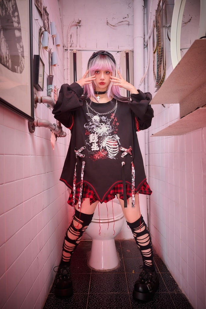 Jillpunk和洋折衷 原宿パンク 甦生彼岸花 浪人侍 ネックレス付き 着物スリーブ アシンメトリー 長袖Tシャツ カットソー オリジナルパンク 男女兼用 メンズ レディース V系 秋葉系 おしゃれ ストリート