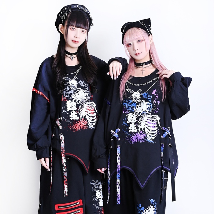 Jillpunk和洋折衷 原宿パンク 甦生彼岸花 浪人侍 ネックレス付き 着物スリーブ アシンメトリー 長袖Tシャツ カットソー オリジナルパンク 男女兼用 メンズ レディース V系 秋葉系 おしゃれ ストリート