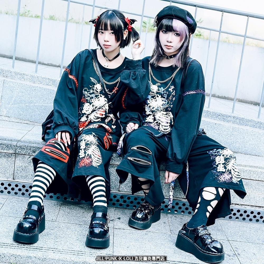 Jillpunk和洋折衷 原宿パンク 甦生彼岸花 浪人侍 ネックレス付き 着物スリーブ アシンメトリー 長袖Tシャツ カットソー オリジナルパンク 男女兼用 メンズ レディース V系 秋葉系 おしゃれ ストリート