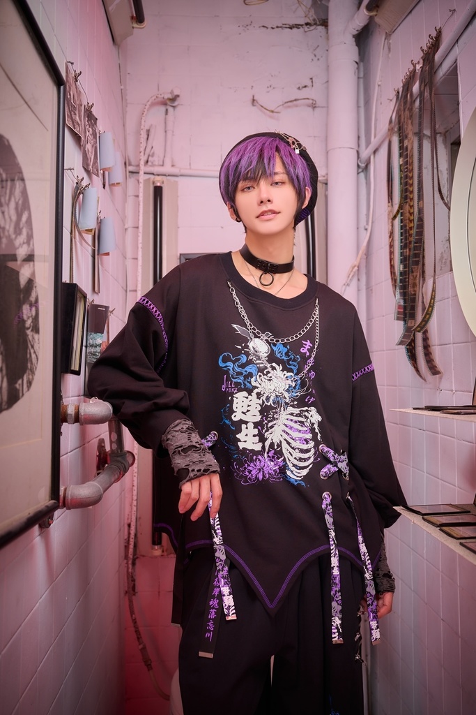 Jillpunk和洋折衷 原宿パンク 甦生彼岸花 浪人侍 ネックレス付き 着物スリーブ アシンメトリー 長袖Tシャツ カットソー オリジナルパンク 男女兼用 メンズ レディース V系 秋葉系 おしゃれ ストリート