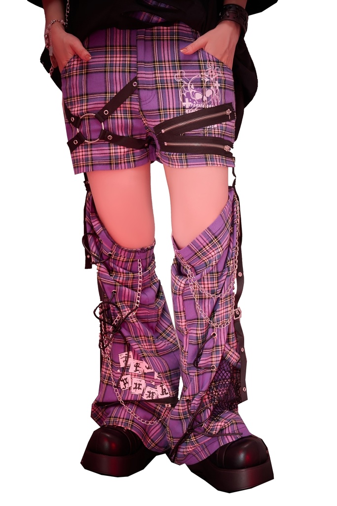 Jillpunk NANA系 パンクロック ハート泥棒小悪魔 取り外し可能なレッグカバー チェーン付き タータンチェック柄 ストレートショーツ ボンデージショーパン オリジナルパンク 男女兼用 メンズ レディース おしゃれ