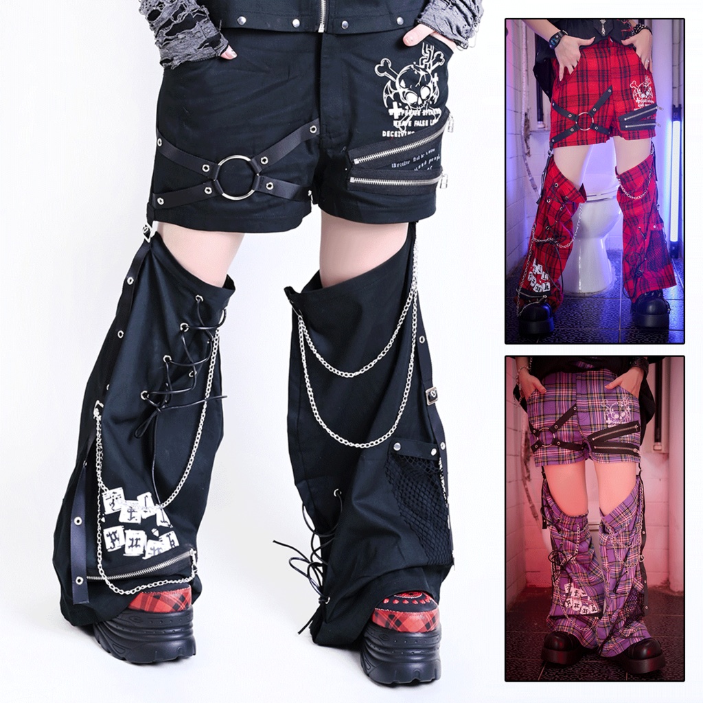 Jillpunk NANA系 パンクロック ハート泥棒小悪魔 取り外し可能なレッグカバー チェーン付き タータンチェック柄 ストレートショーツ ボンデージショーパン オリジナルパンク 男女兼用 メンズ レディース おしゃれ