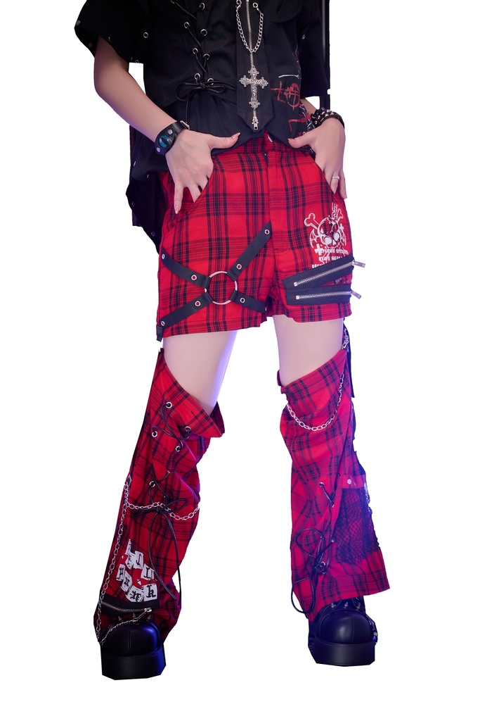 Jillpunk NANA系 パンクロック ハート泥棒小悪魔 取り外し可能なレッグカバー チェーン付き タータンチェック柄 ストレートショーツ ボンデージショーパン オリジナルパンク 男女兼用 メンズ レディース おしゃれ