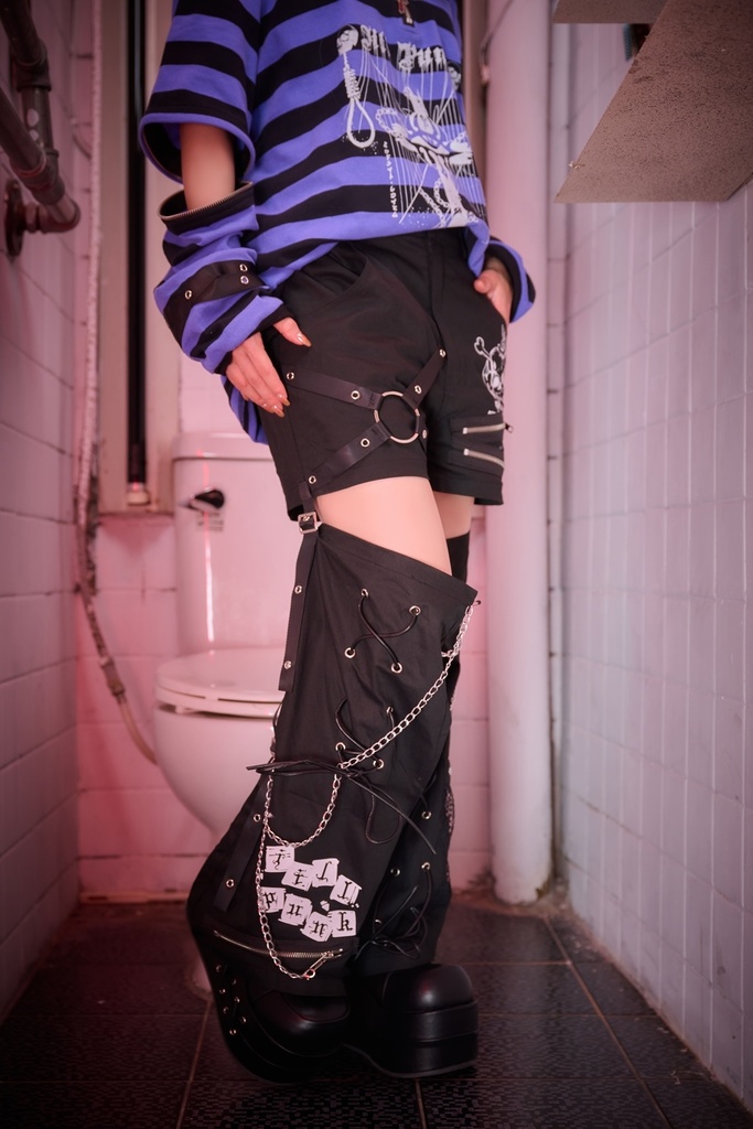 Jillpunk NANA系 パンクロック ハート泥棒小悪魔 取り外し可能なレッグカバー チェーン付き タータンチェック柄 ストレートショーツ ボンデージショーパン オリジナルパンク 男女兼用 メンズ レディース おしゃれ