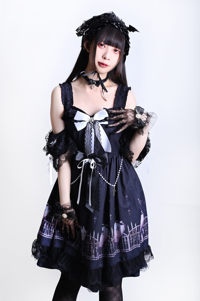 Jillpunk 台湾絵師naiguoziコラボ 白うさぎの魂鎮め ビクトリアン ゆめかわ ゴシックロリータ アームカバー付き 人工パールビーズ フリルヘム JSKワンピースドレス ジャンパースカート オリジナル 姫系 可愛い おしゃれ ファッション