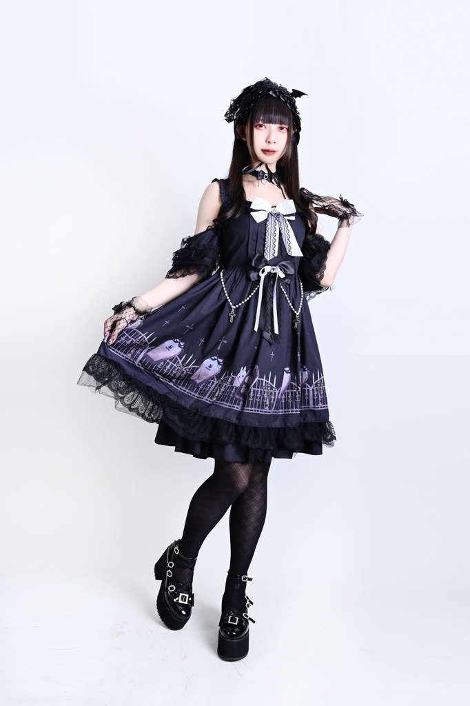 Jillpunk 台湾絵師naiguoziコラボ 白うさぎの魂鎮め ビクトリアン ゆめかわ ゴシックロリータ アームカバー付き 人工パールビーズ フリルヘム JSKワンピースドレス ジャンパースカート オリジナル 姫系 可愛い おしゃれ ファッション