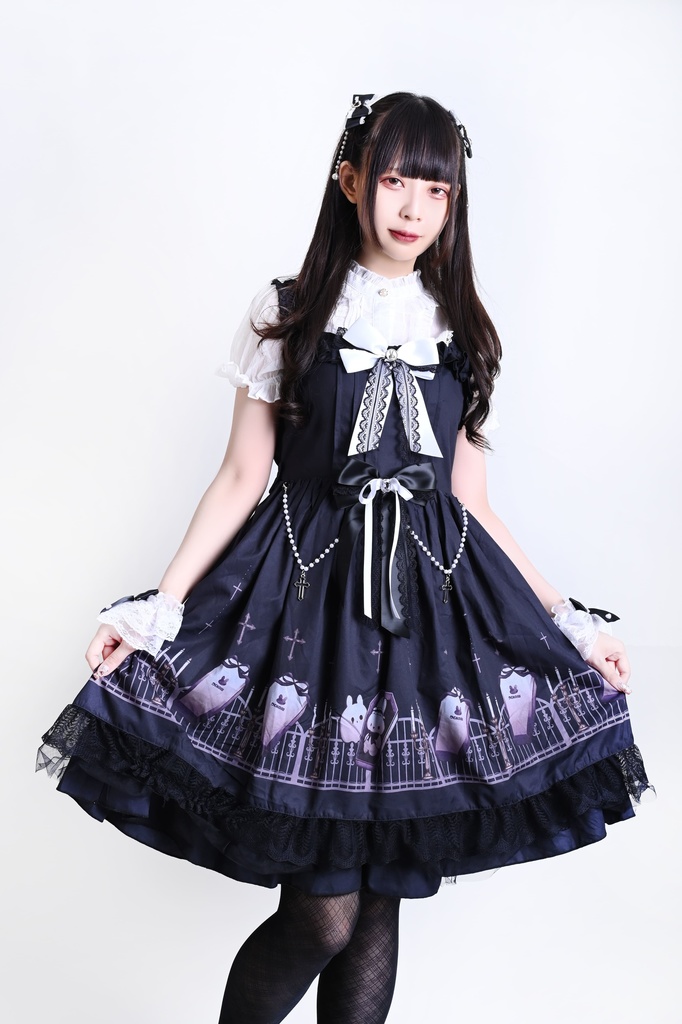 Jillpunk 台湾絵師naiguoziコラボ 白うさぎの魂鎮め ビクトリアン ゆめかわ ゴシックロリータ アームカバー付き 人工パールビーズ フリルヘム JSKワンピースドレス ジャンパースカート オリジナル 姫系 可愛い おしゃれ ファッション