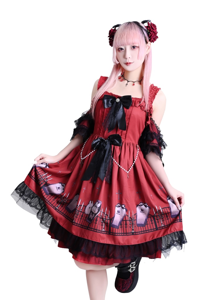 Jillpunk 台湾絵師naiguoziコラボ 白うさぎの魂鎮め ビクトリアン ゆめかわ ゴシックロリータ アームカバー付き 人工パールビーズ フリルヘム JSKワンピースドレス ジャンパースカート オリジナル 姫系 可愛い おしゃれ ファッション