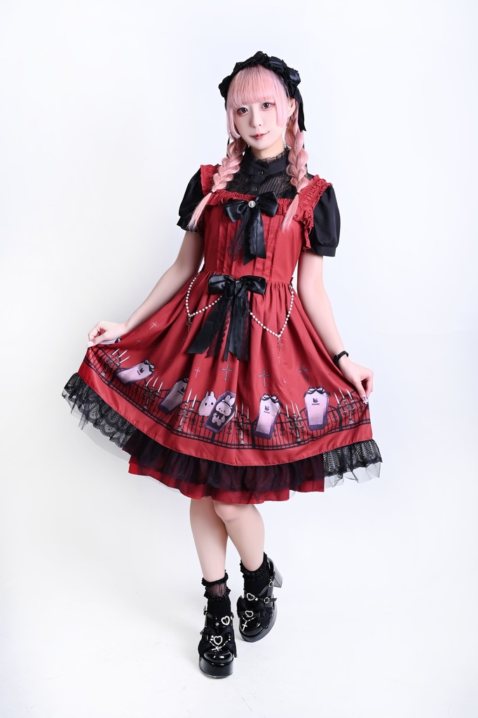 Jillpunk 台湾絵師naiguoziコラボ 白うさぎの魂鎮め ビクトリアン ゆめかわ ゴシックロリータ アームカバー付き 人工パールビーズ フリルヘム JSKワンピースドレス ジャンパースカート オリジナル 姫系 可愛い おしゃれ ファッション