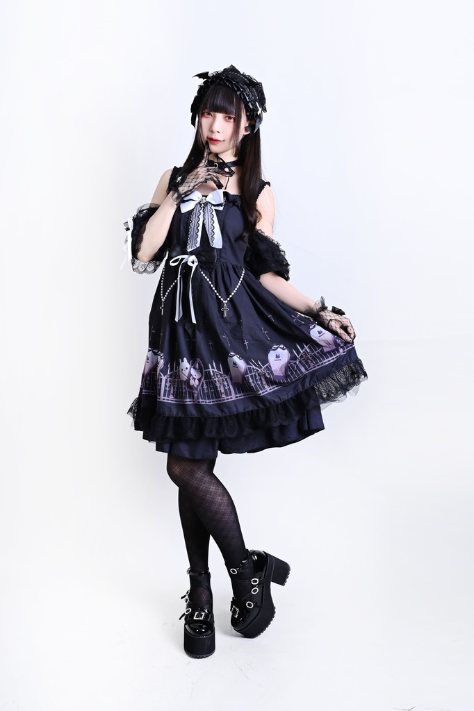 Jillpunk 台湾絵師naiguoziコラボ 白うさぎの魂鎮め ビクトリアン ゆめかわ ゴシックロリータ アームカバー付き 人工パールビーズ フリルヘム JSKワンピースドレス ジャンパースカート オリジナル 姫系 可愛い おしゃれ ファッション