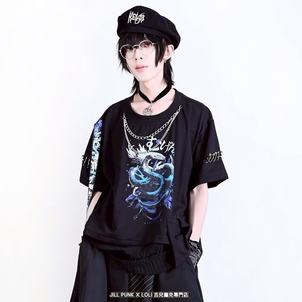 Jillpunk ヘヴィメタル パンクロック 蛇血の誓い 安全ピン 二重チェーン付き カットアウト加工 半袖カットソーTシャツ オリジナル メンズ レディーズ クール 存在感 おしゃれ男女兼用カッコいい ファッション