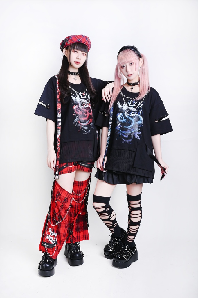 Jillpunk ヘヴィメタル パンクロック 蛇血の誓い 安全ピン 二重チェーン付き カットアウト加工 半袖カットソーTシャツ オリジナル メンズ レディーズ クール 存在感 おしゃれ男女兼用カッコいい ファッション