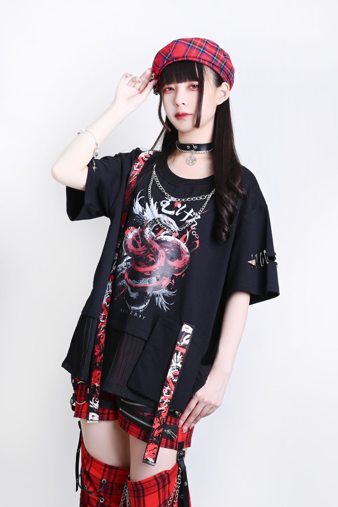 Jillpunk ヘヴィメタル パンクロック 蛇血の誓い 安全ピン 二重チェーン付き カットアウト加工 半袖カットソーTシャツ オリジナル メンズ レディーズ クール 存在感 おしゃれ男女兼用カッコいい ファッション