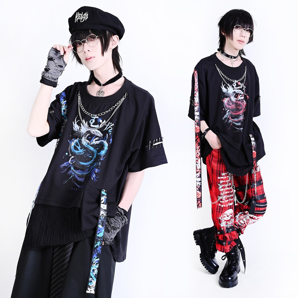 Jillpunk ヘヴィメタル パンクロック 蛇血の誓い 安全ピン 二重チェーン付き カットアウト加工 半袖カットソーTシャツ オリジナル メンズ レディーズ クール 存在感 おしゃれ男女兼用カッコいい ファッション