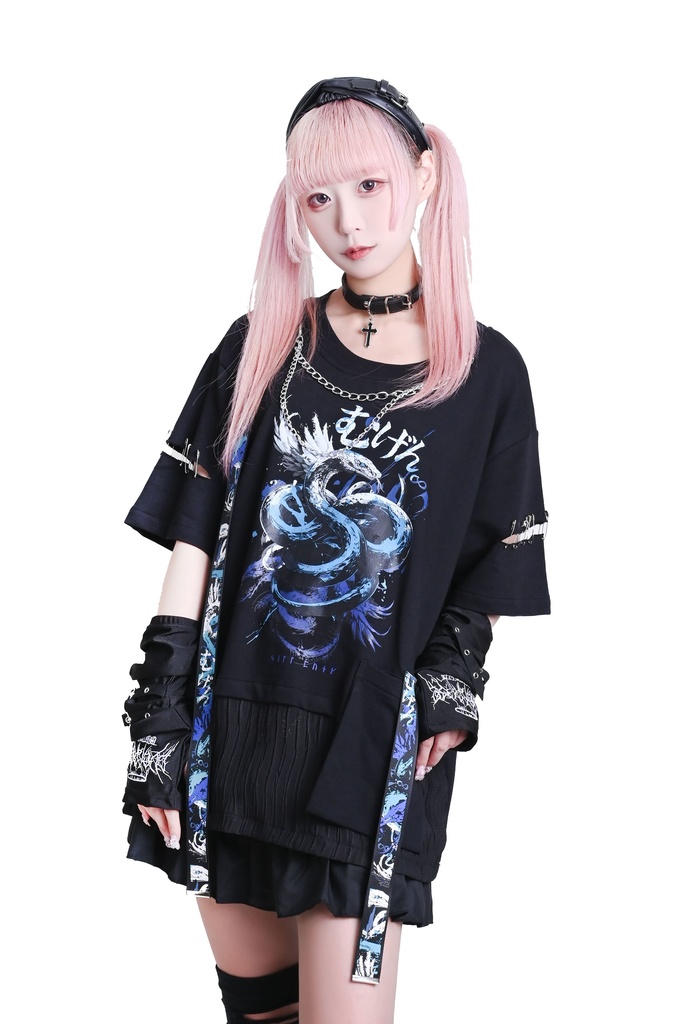 Jillpunk ヘヴィメタル パンクロック 蛇血の誓い 安全ピン 二重チェーン付き カットアウト加工 半袖カットソーTシャツ オリジナル メンズ レディーズ クール 存在感 おしゃれ男女兼用カッコいい ファッション