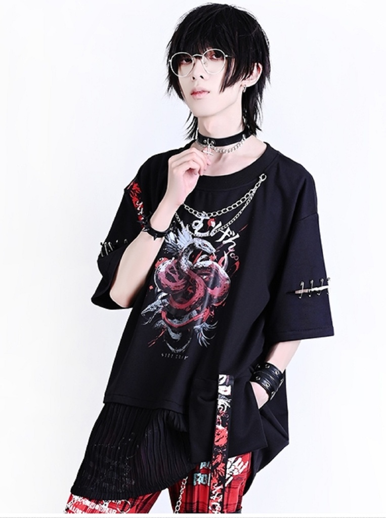 Jillpunk ヘヴィメタル パンクロック 蛇血の誓い 安全ピン 二重チェーン付き カットアウト加工 半袖カットソーTシャツ オリジナル メンズ レディーズ クール 存在感 おしゃれ男女兼用カッコいい ファッション