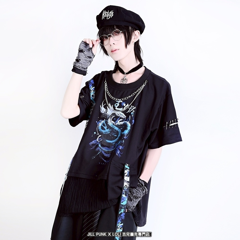 Jillpunk ヘヴィメタル パンクロック 蛇血の誓い 安全ピン 二重チェーン付き カットアウト加工 半袖カットソーTシャツ オリジナル メンズ レディーズ クール 存在感 おしゃれ男女兼用カッコいい ファッション