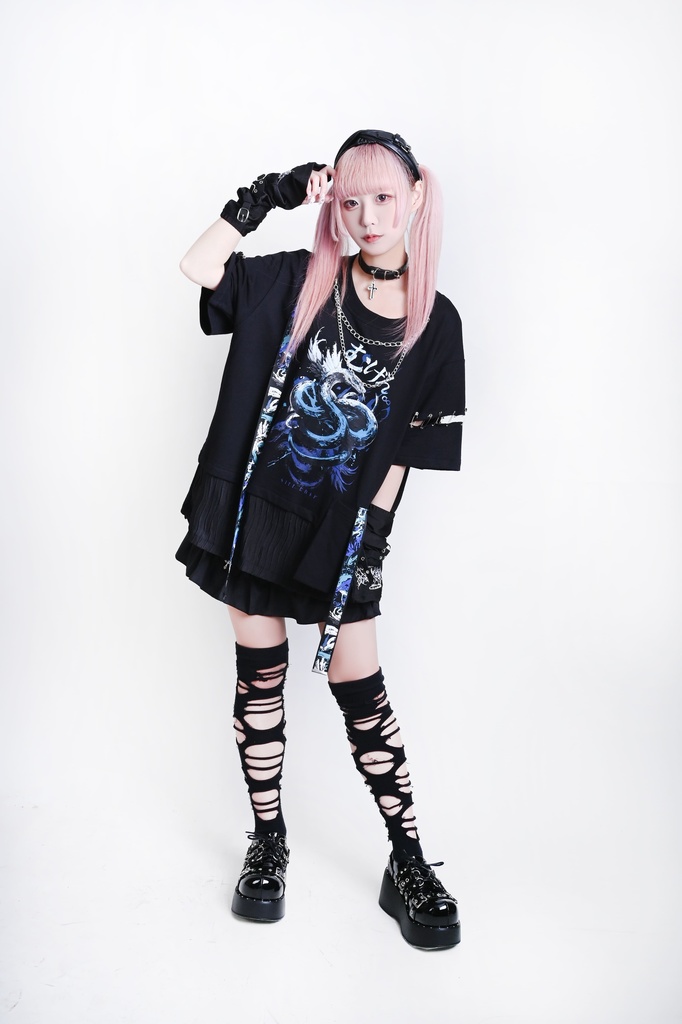 Jillpunk ヘヴィメタル パンクロック 蛇血の誓い 安全ピン 二重チェーン付き カットアウト加工 半袖カットソーTシャツ オリジナル メンズ レディーズ クール 存在感 おしゃれ男女兼用カッコいい ファッション