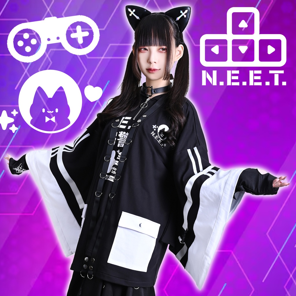 Jillpunk可愛い お宅界隈 アニメ ニ次コン 戦闘ネコ NEET 自宅警備員 刺繡入り Dリング付き カーゴポケット 着物袖現代羽織 和装ジャケット オリジナル メンズ レディーズ おしゃれ 男女兼用 ファッション 秋葉系