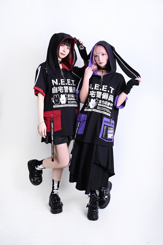 Jillpunk可愛い お宅界隈 アニメ ニ次コン 戦闘ウサギ NEET 自宅警備員 IDホルダー付き 痛カーゴポケット 1/4ジップ 兎耳 ゆったり半袖 パーカー オリジナル メンズ レディーズ おしゃれ 男女兼用 ファッション 秋葉系