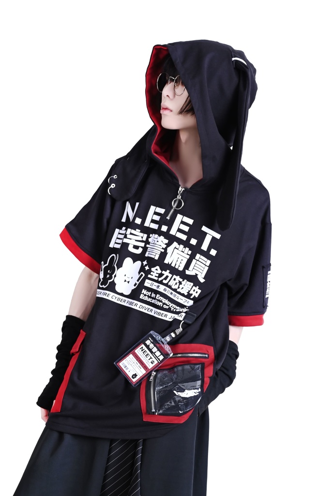 Jillpunk可愛い お宅界隈 アニメ ニ次コン 戦闘ウサギ NEET 自宅警備員 IDホルダー付き 痛カーゴポケット 1/4ジップ 兎耳 ゆったり半袖 パーカー オリジナル メンズ レディーズ おしゃれ 男女兼用 ファッション 秋葉系