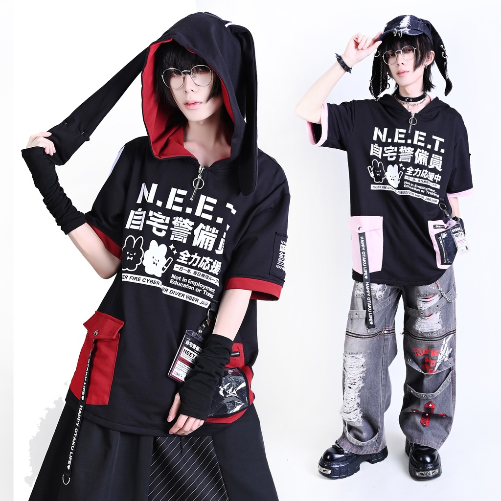 Jillpunk可愛い お宅界隈 アニメ ニ次コン 戦闘ウサギ NEET 自宅警備員 IDホルダー付き 痛カーゴポケット 1/4ジップ 兎耳 ゆったり半袖 パーカー オリジナル メンズ レディーズ おしゃれ 男女兼用 ファッション 秋葉系