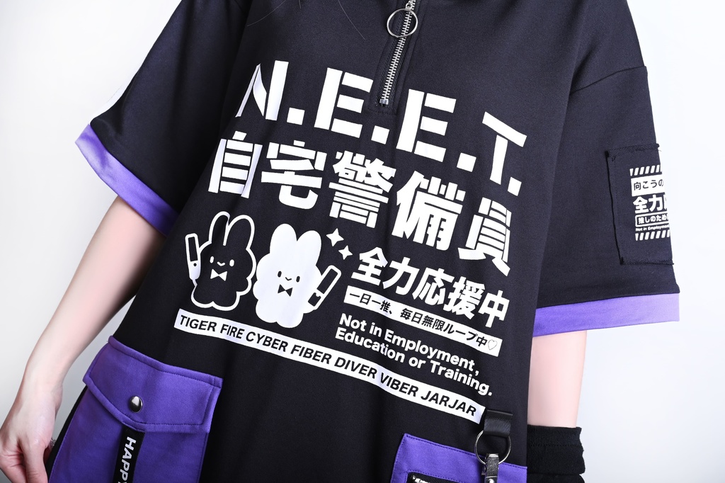 Jillpunk可愛い お宅界隈 アニメ ニ次コン 戦闘ウサギ NEET 自宅警備員 IDホルダー付き 痛カーゴポケット 1/4ジップ 兎耳 ゆったり半袖 パーカー オリジナル メンズ レディーズ おしゃれ 男女兼用 ファッション 秋葉系