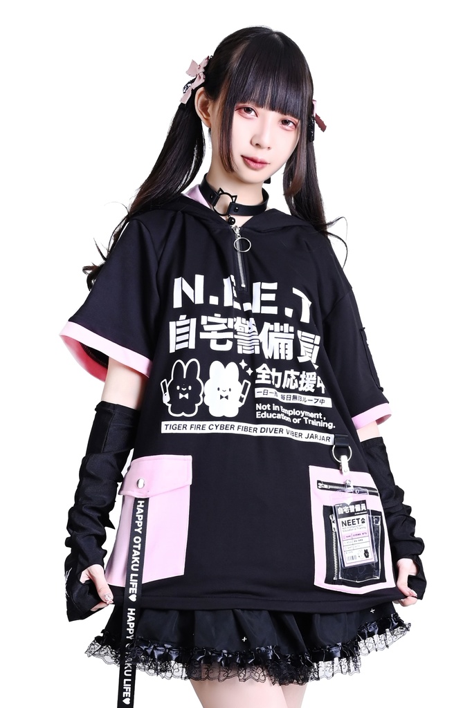 Jillpunk可愛い お宅界隈 アニメ ニ次コン 戦闘ウサギ NEET 自宅警備員 IDホルダー付き 痛カーゴポケット 1/4ジップ 兎耳 ゆったり半袖 パーカー オリジナル メンズ レディーズ おしゃれ 男女兼用 ファッション 秋葉系