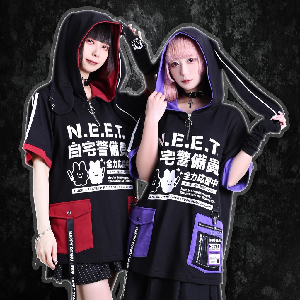 Jillpunk可愛い お宅界隈 アニメ ニ次コン 戦闘ウサギ NEET 自宅警備員 IDホルダー付き 痛カーゴポケット 1/4ジップ 兎耳 ゆったり半袖 パーカー オリジナル メンズ レディーズ おしゃれ 男女兼用 ファッション 秋葉系