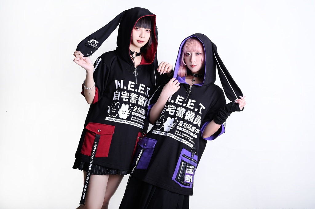 Jillpunk可愛い お宅界隈 アニメ ニ次コン 戦闘ウサギ NEET 自宅警備員 IDホルダー付き 痛カーゴポケット 1/4ジップ 兎耳 ゆったり半袖 パーカー オリジナル メンズ レディーズ おしゃれ 男女兼用 ファッション 秋葉系