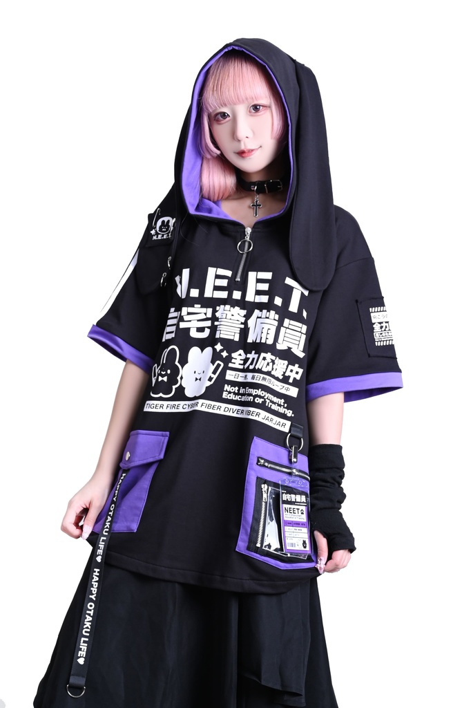 Jillpunk可愛い お宅界隈 アニメ ニ次コン 戦闘ウサギ NEET 自宅警備員 IDホルダー付き 痛カーゴポケット 1/4ジップ 兎耳 ゆったり半袖 パーカー オリジナル メンズ レディーズ おしゃれ 男女兼用 ファッション 秋葉系
