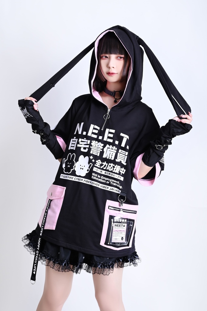 Jillpunk可愛い お宅界隈 アニメ ニ次コン 戦闘ウサギ NEET 自宅警備員 IDホルダー付き 痛カーゴポケット 1/4ジップ 兎耳 ゆったり半袖 パーカー オリジナル メンズ レディーズ おしゃれ 男女兼用 ファッション 秋葉系