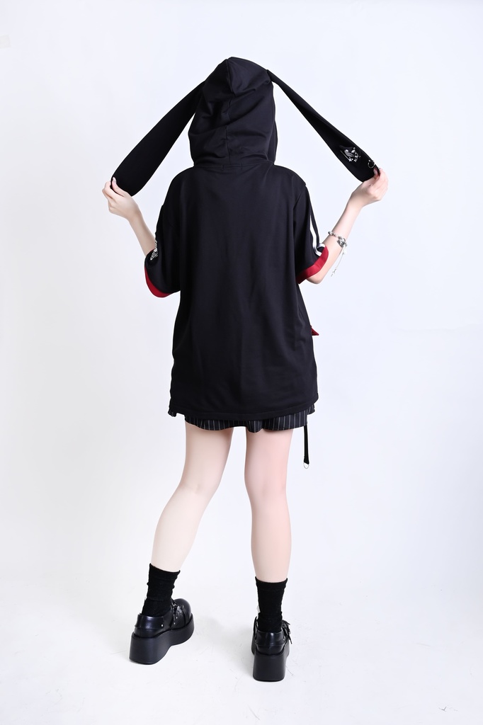 Jillpunk可愛い お宅界隈 アニメ ニ次コン 戦闘ウサギ NEET 自宅警備員 IDホルダー付き 痛カーゴポケット 1/4ジップ 兎耳 ゆったり半袖 パーカー オリジナル メンズ レディーズ おしゃれ 男女兼用 ファッション 秋葉系