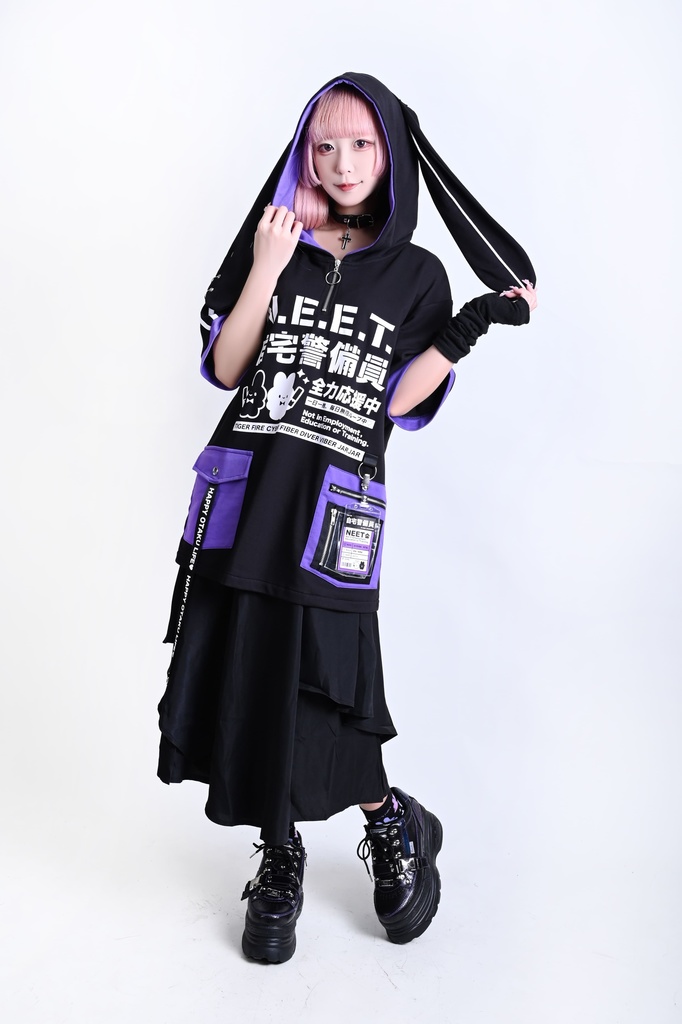 Jillpunk可愛い お宅界隈 アニメ ニ次コン 戦闘ウサギ NEET 自宅警備員 IDホルダー付き 痛カーゴポケット 1/4ジップ 兎耳 ゆったり半袖 パーカー オリジナル メンズ レディーズ おしゃれ 男女兼用 ファッション 秋葉系