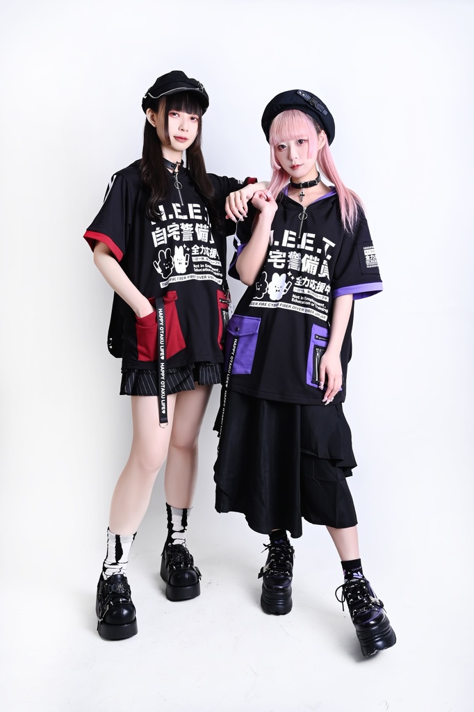 Jillpunk可愛い お宅界隈 アニメ ニ次コン 戦闘ウサギ NEET 自宅警備員 IDホルダー付き 痛カーゴポケット 1/4ジップ 兎耳 ゆったり半袖 パーカー オリジナル メンズ レディーズ おしゃれ 男女兼用 ファッション 秋葉系